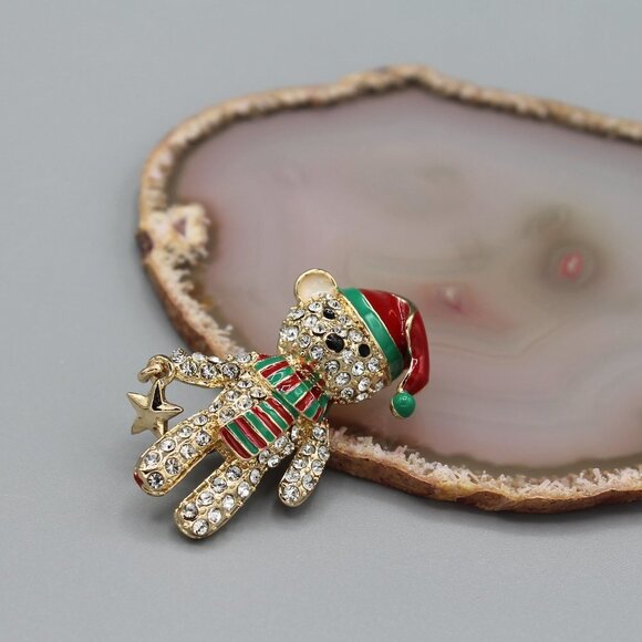 Jewelry pin brooch Holidays Christmas bear Santa yellow gold tone sparkly cute - Picture 3 of 13